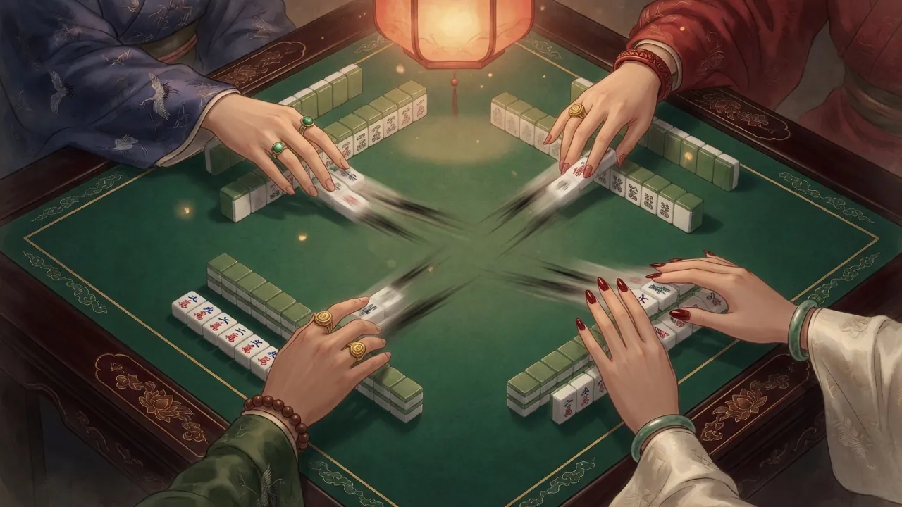 Four pairs of hands passing tiles across a green mahjong table.