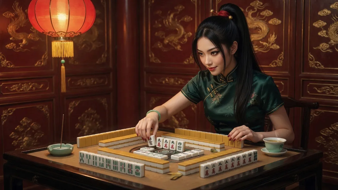 The Mahj Dragon at a carved table, setting out a row of tiles to show how a hand is built.