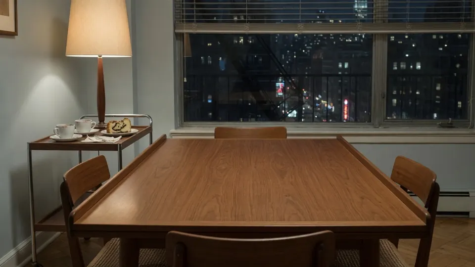 A walnut table under a lamp in a New York apartment, the city lit up outside.