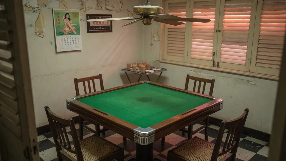 A green-topped mahjong table in a Hong Kong flat with shutters and a ceiling fan.
