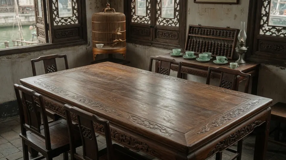 A carved rosewood table by a window with a birdcage, in an old Chinese room.