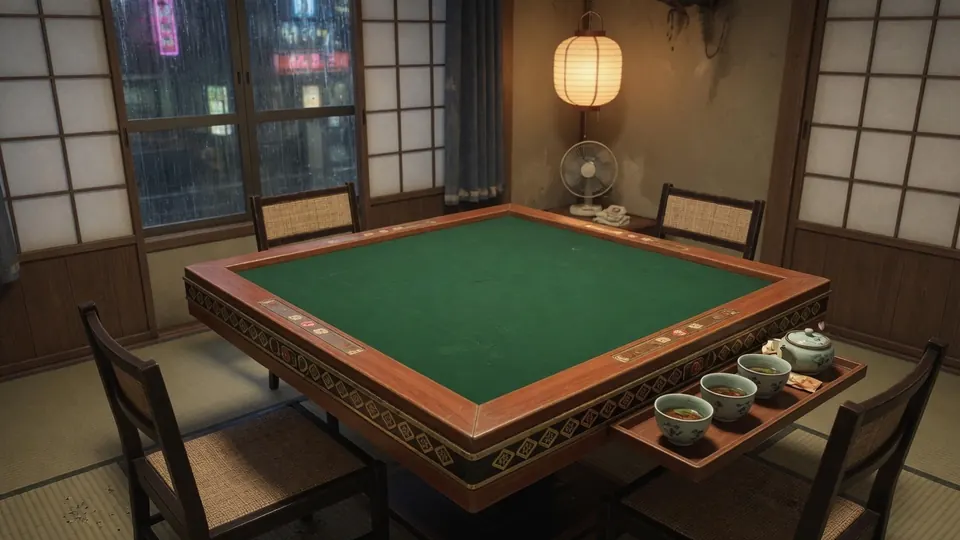 A green felt table with a lantern and tea cups, in a Tokyo room with paper screens.