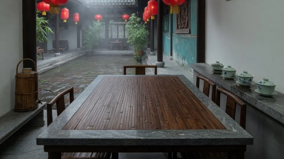 A bamboo-topped table on a stone base, in a misty Chengdu courtyard with red lanterns.