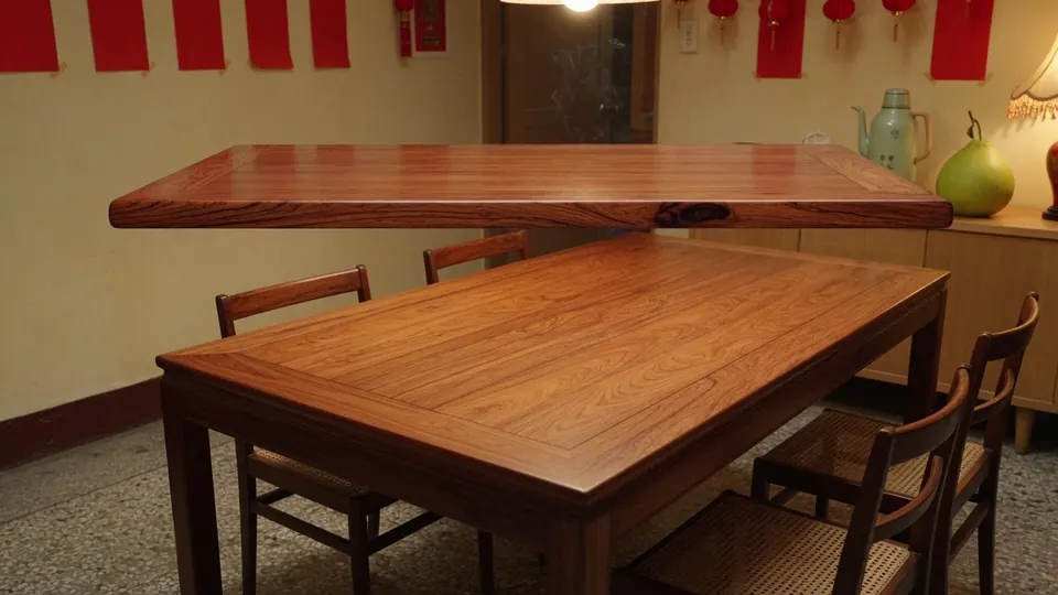 A wooden table in a Taiwanese living room hung with red paper.
