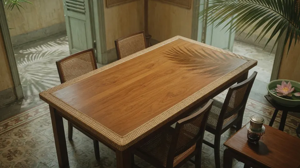 A wooden table by a window with palm shadows and a lotus bowl.