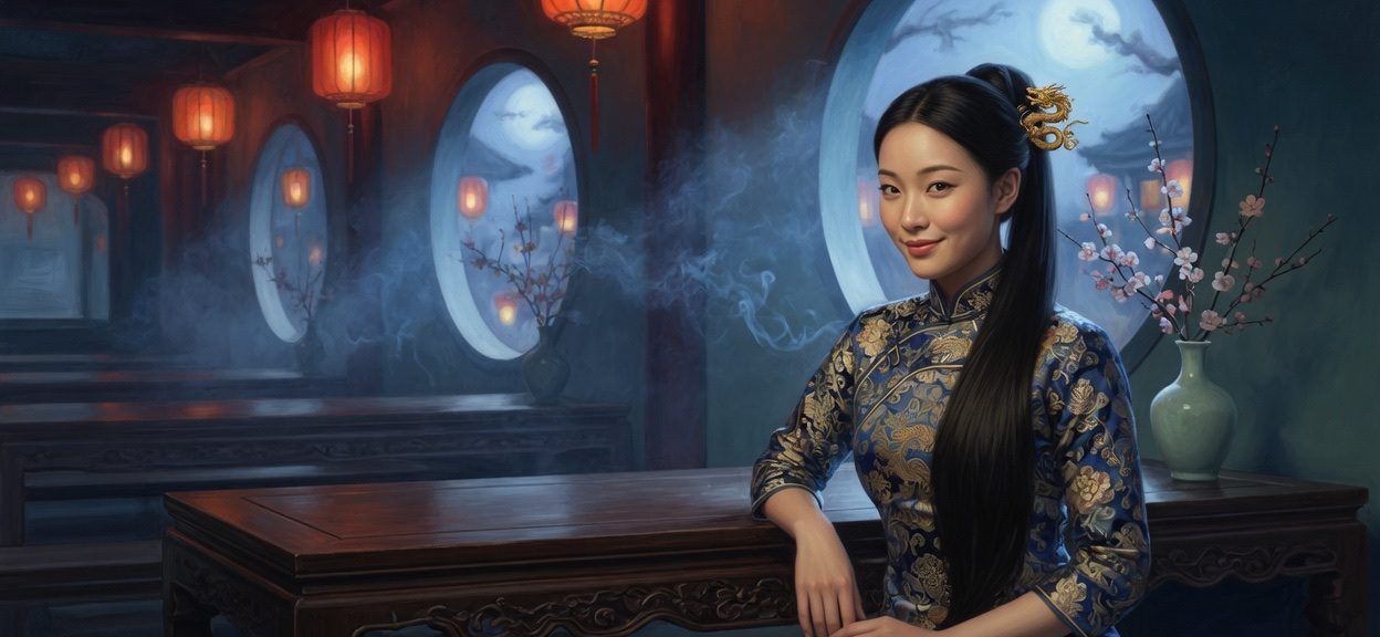 The Mahj Dragon, a young woman in a blue silk dress, resting her arm on a carved table in a lantern-lit room.