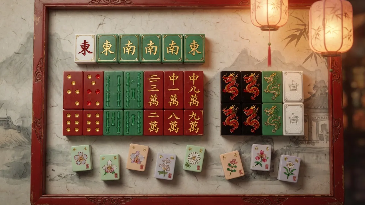 A display of mahjong tiles: winds, characters, circles, dragons and flowers, under a lantern.
