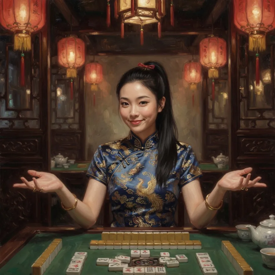 The Mahj Dragon at a green mahjong table, hands open, inviting you to sit down.